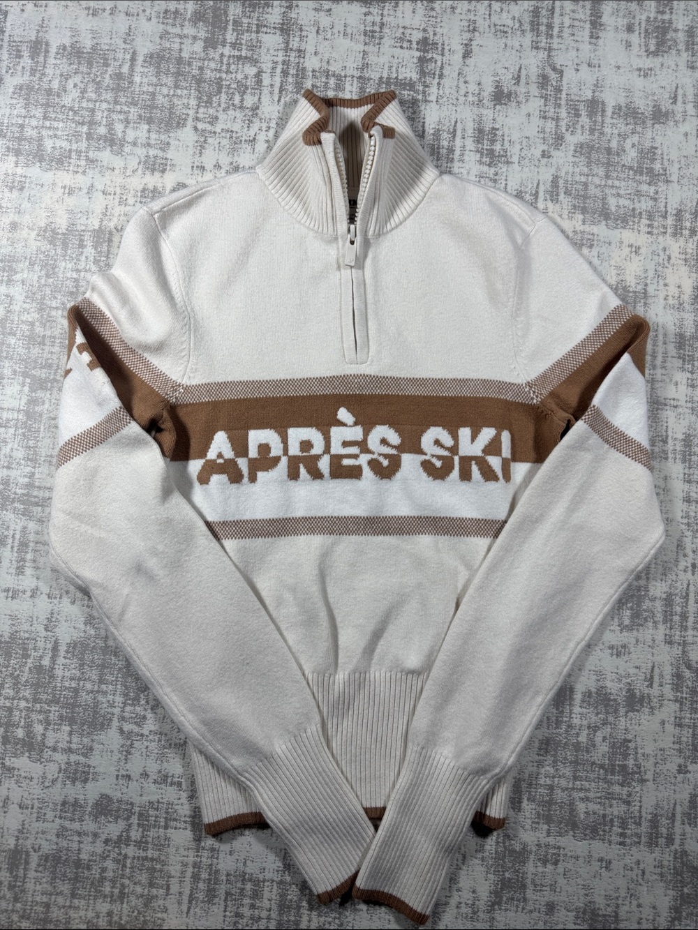 PINK Victoria's Secret Cream and Brown 'APRÈS SKI' Half-Zip Sweater 21X14.5 PTP